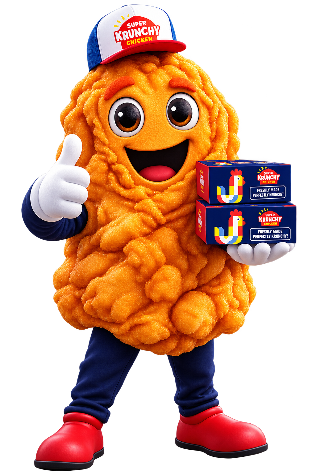 Krispy Krunchy Chicken mascot holding two takeout boxes