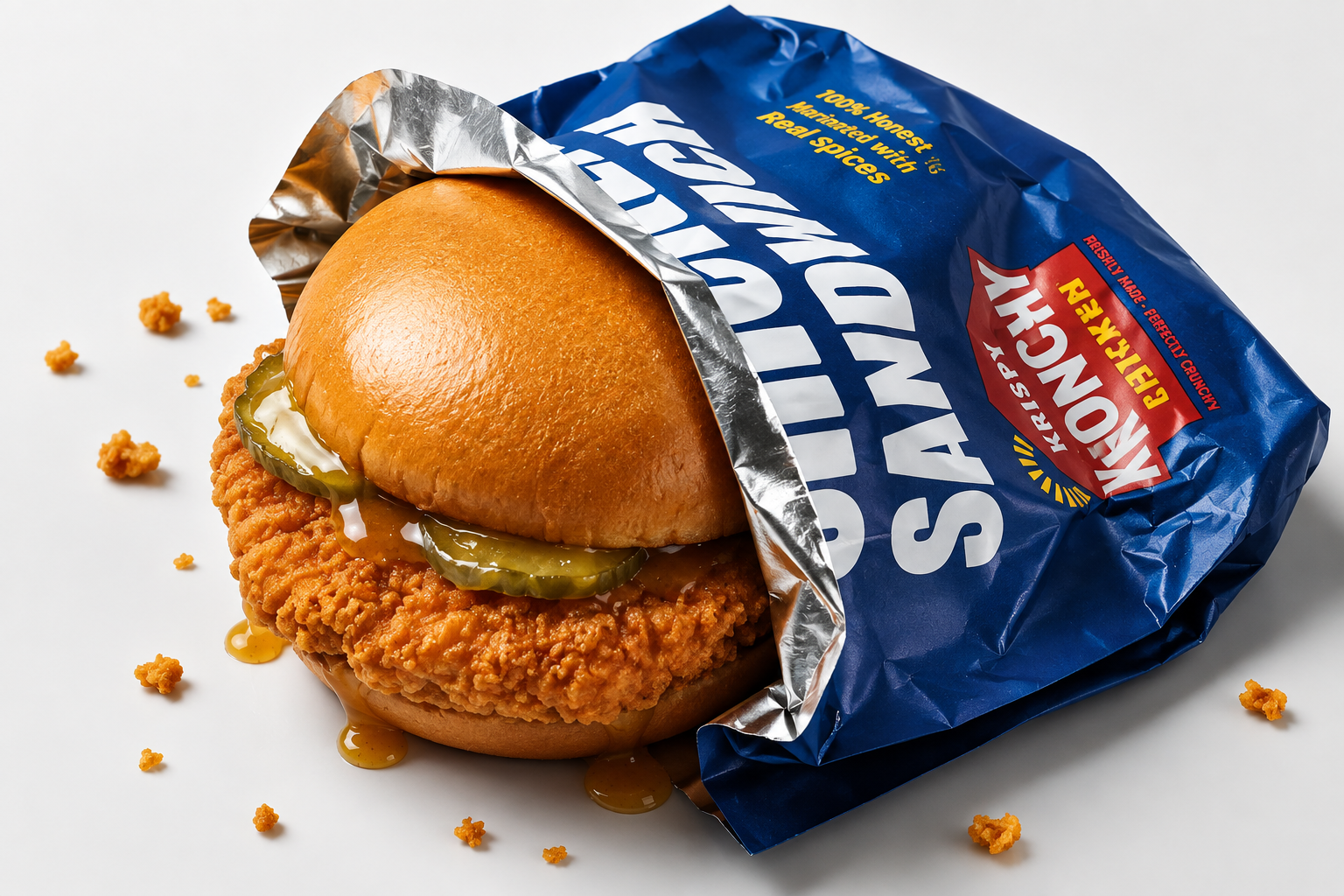 Krispy Krunchy chicken sandwich with pickles in a branded bag