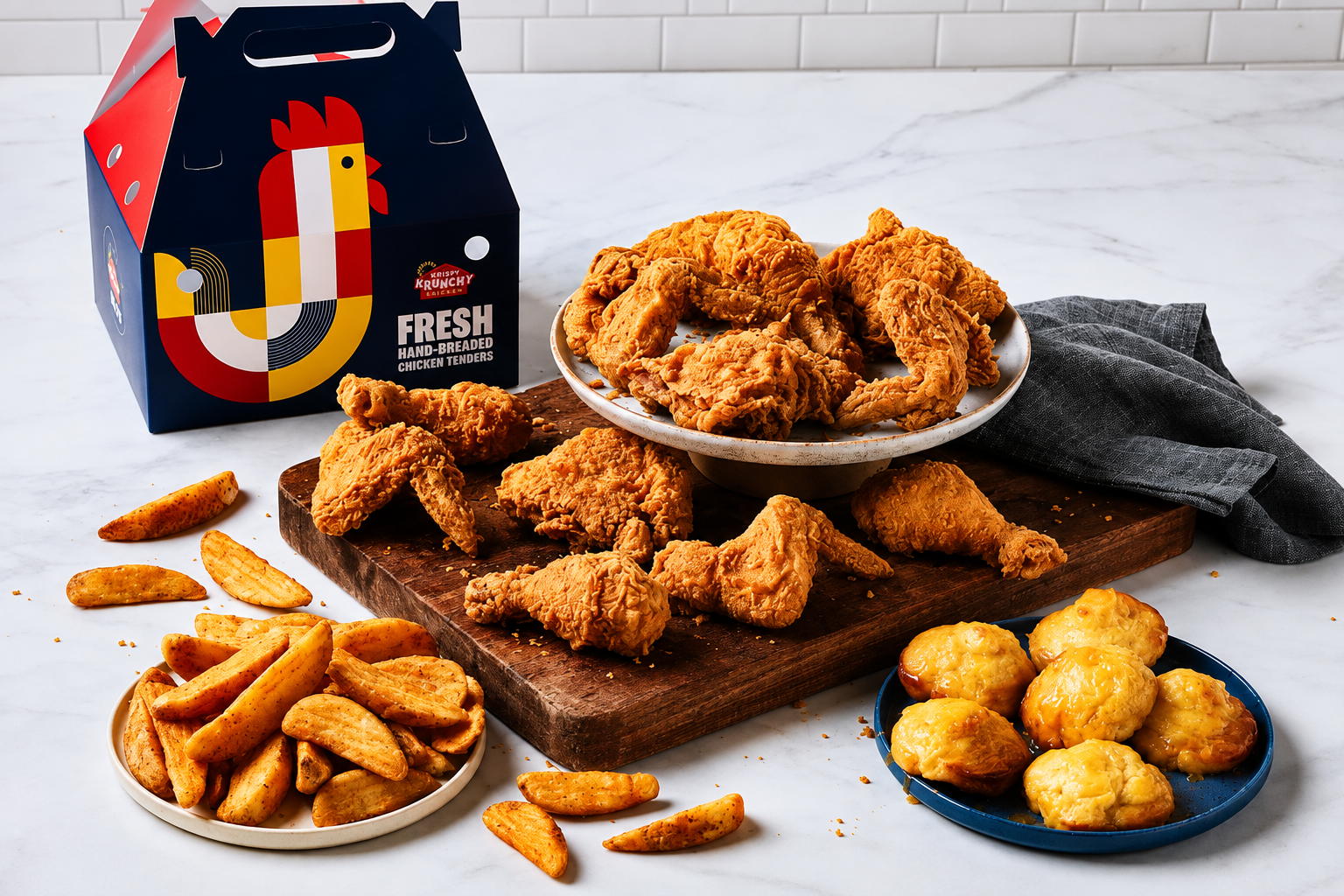 Krispy Krunchy Chicken tenders, wings, potato wedges and biscuits